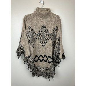 AZ Cape Poncho With Sleeves Tan With Boho Aztec Design